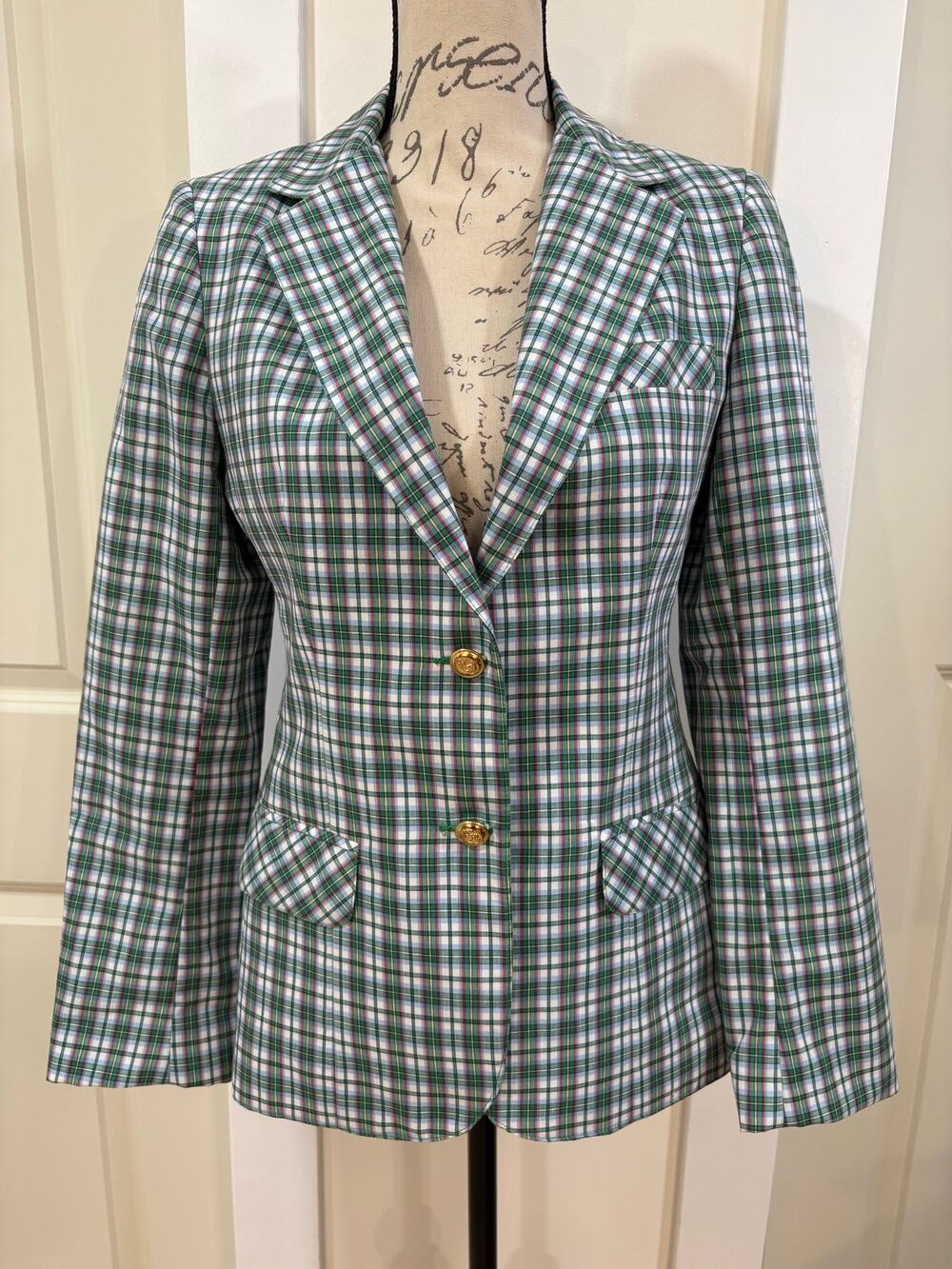 VTG Boston Traveler Green Plaid Blazer Size 8
